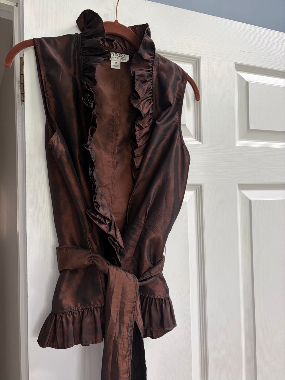 ADORA Brown Satin Ruffle Sleeveless Wrap Top